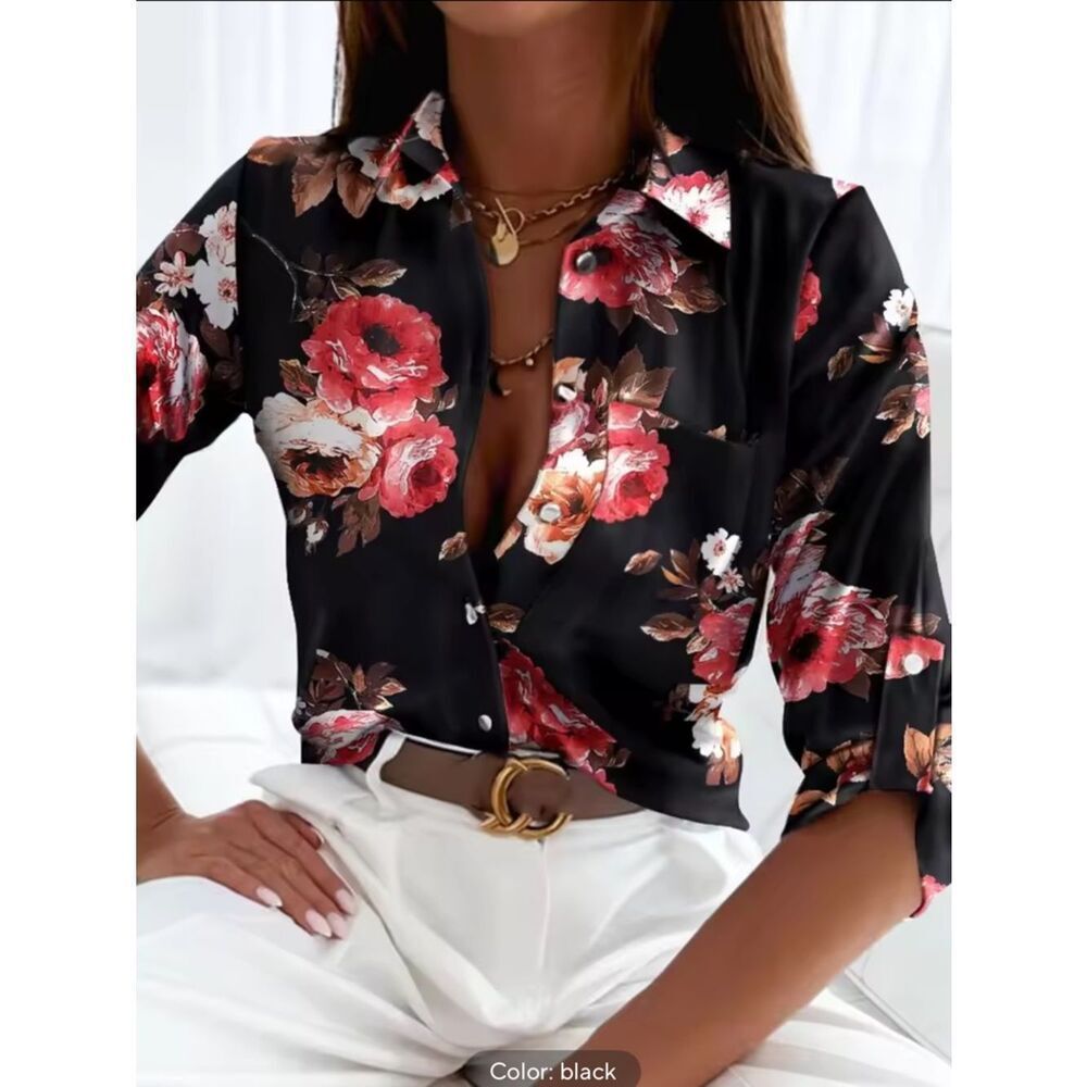 Floral Button-Down Blouse - Black / Red NWOT